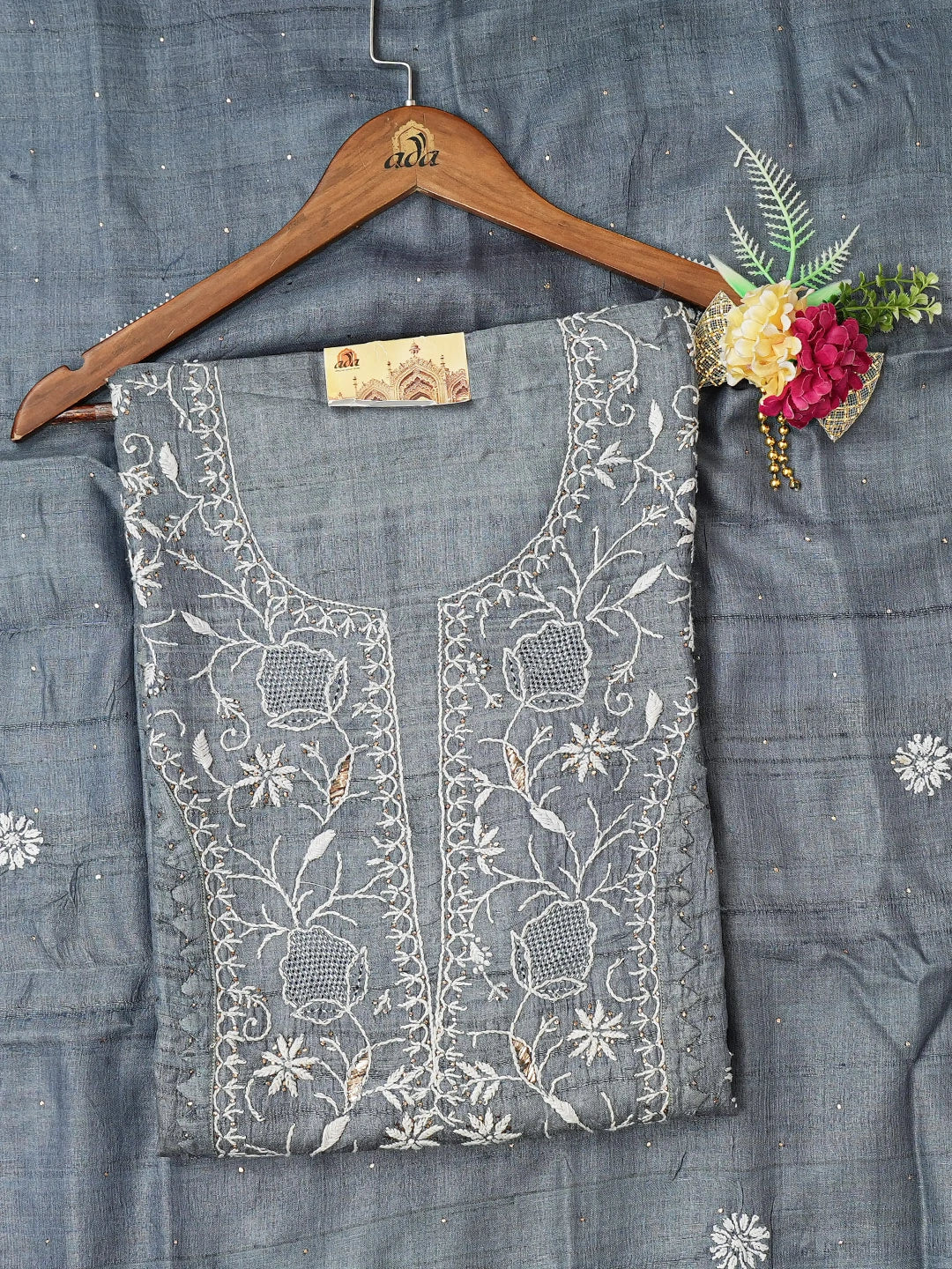 Ada Hand Embroidered Grey Silk Lucknowi Chikankari Semi-Stitched Kurta Dupatta Set With Mukaish Work 01A368514