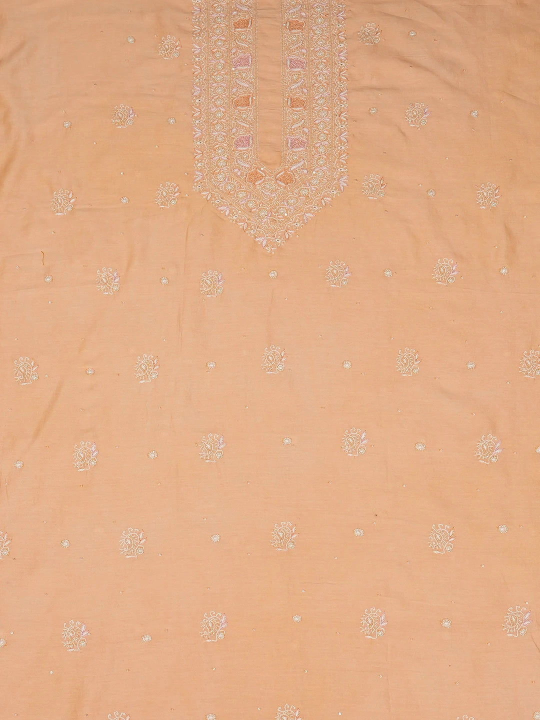 Ada Hand Embroidered Creamy Peach Chanderi Lucknowi Chikankari Unstitched Men's Kurta Piece With Sequinned Work 01A682646