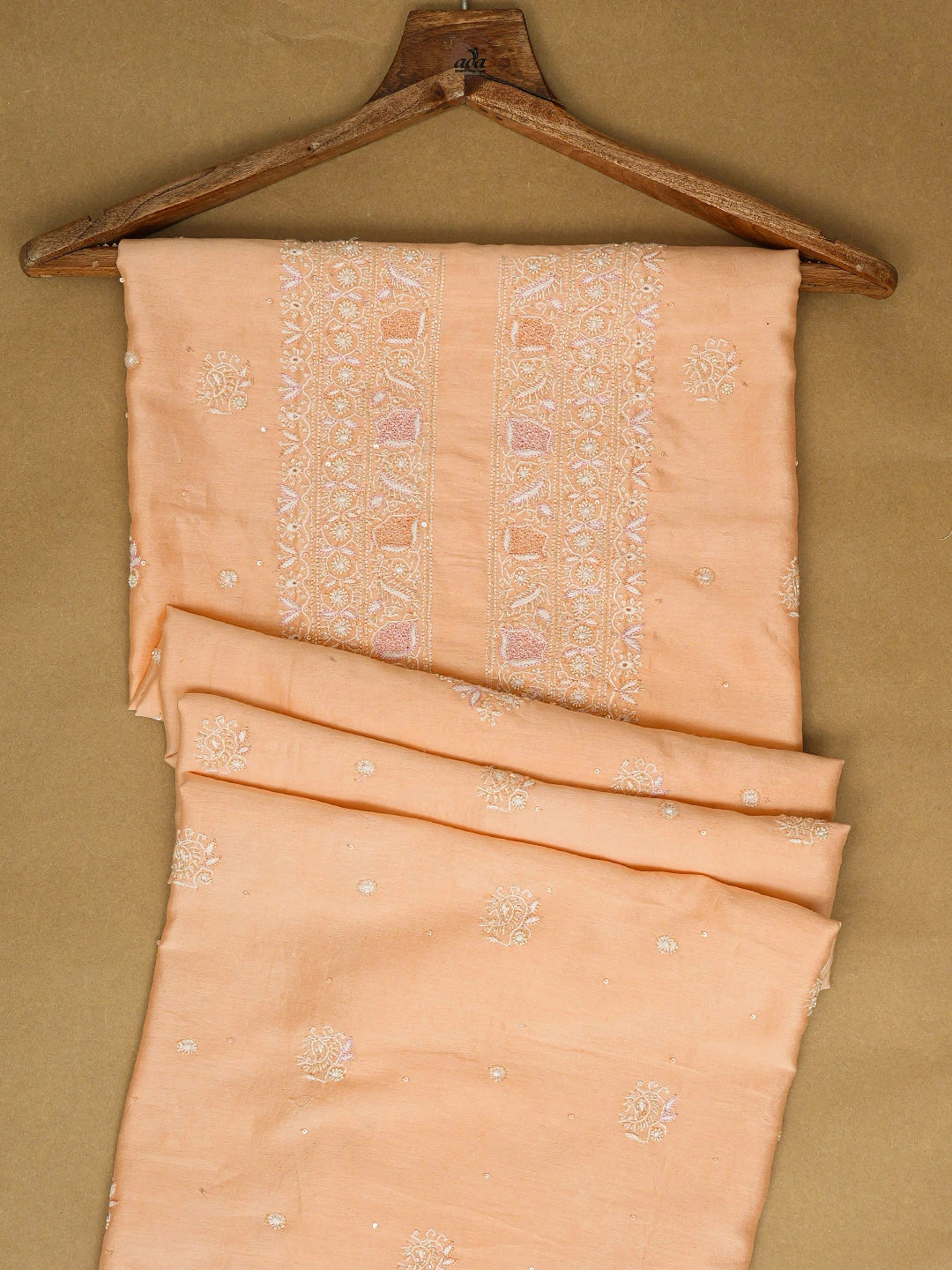 Ada Hand Embroidered Creamy Peach Chanderi Lucknowi Chikankari Unstitched Men's Kurta Piece With Sequinned Work 01A682646