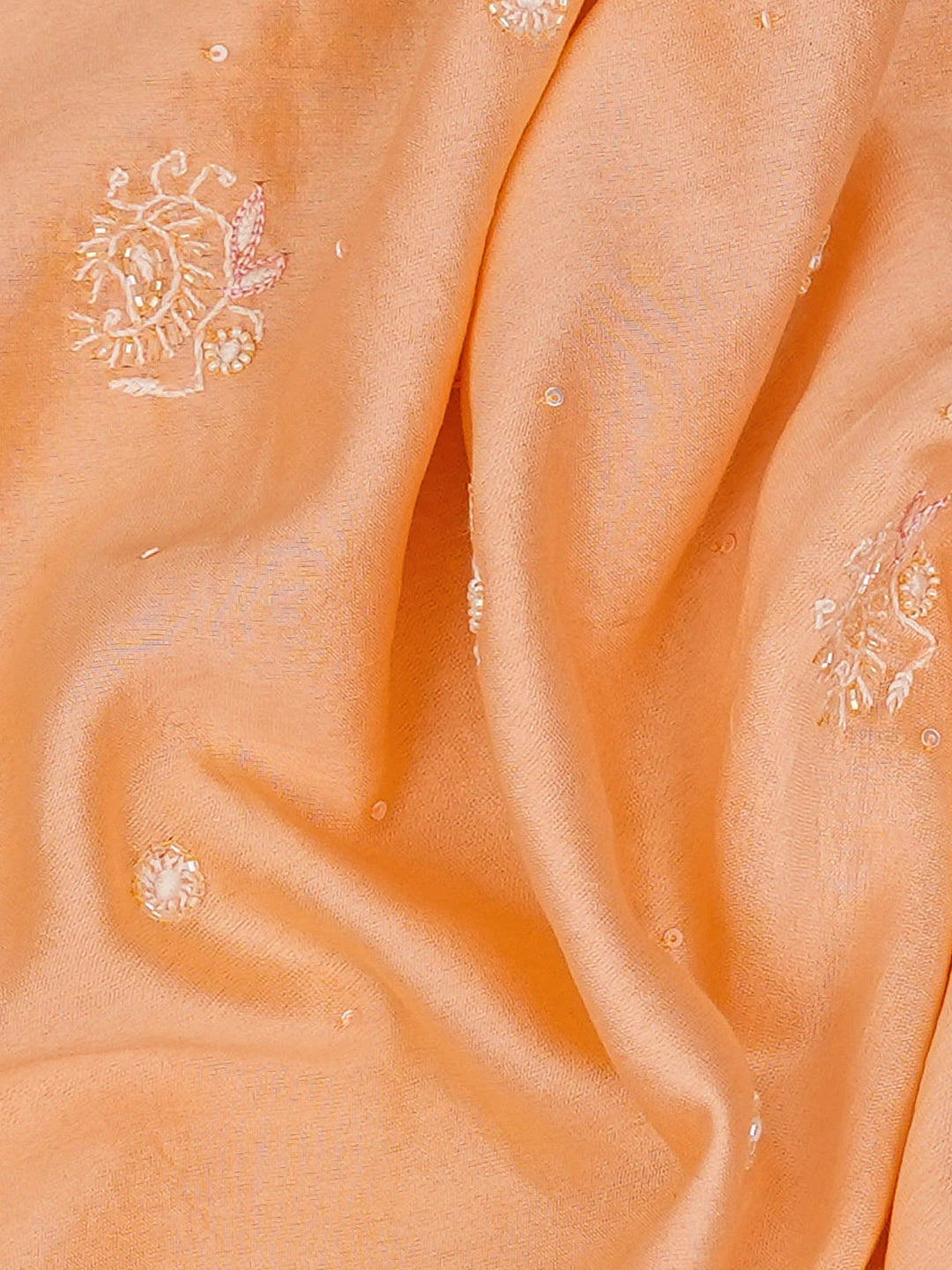 Ada Hand Embroidered Creamy Peach Chanderi Lucknowi Chikankari Unstitched Men's Kurta Piece With Sequinned Work 01A682646
