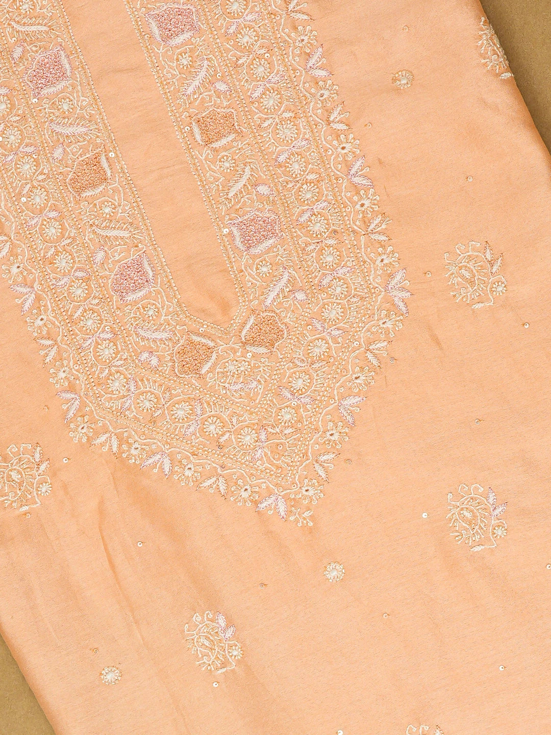 Ada Hand Embroidered Creamy Peach Chanderi Lucknowi Chikankari Unstitched Men's Kurta Piece With Sequinned Work 01A682646