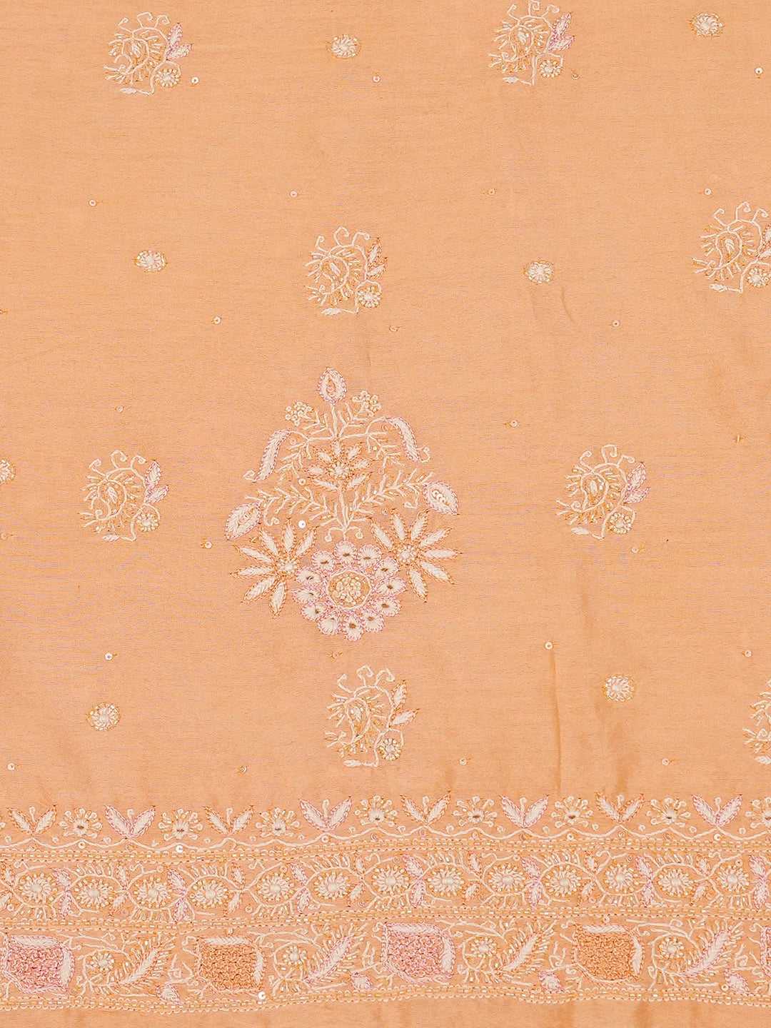 Ada Hand Embroidered Creamy Peach Chanderi Lucknowi Chikankari Unstitched Men's Kurta Piece With Sequinned Work 01A682646