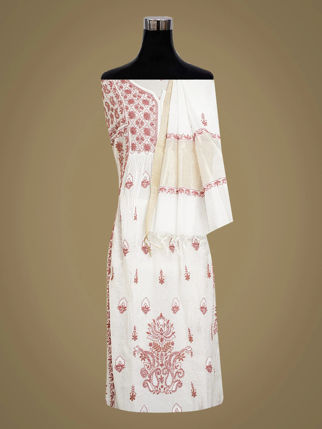 Ada Hand Embroidered White Chanderi Lucknowi Chikankari Semi-Stitched Kurta Dupatta Set With Cutdana Work 01A659755