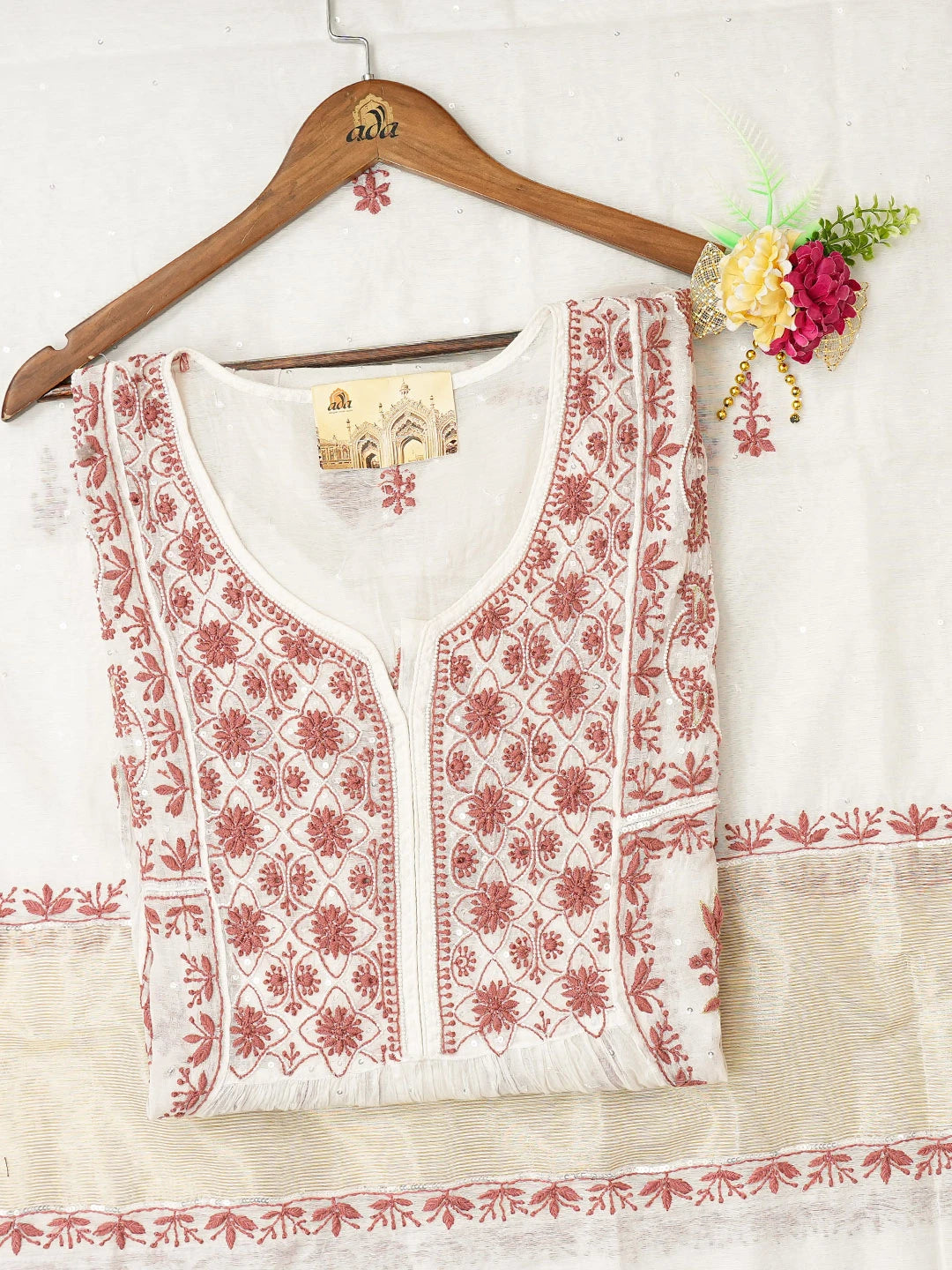 Ada Hand Embroidered White Chanderi Lucknowi Chikankari Semi-Stitched Kurta Dupatta Set With Cutdana Work 01A659755