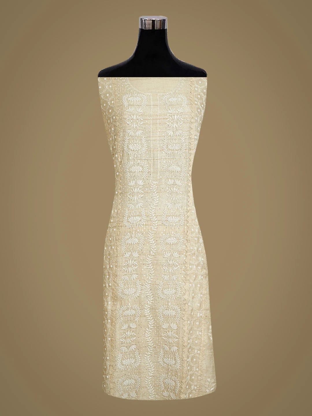 Ada Hand Embroidered Fawn Silk Lucknowi Chikankari Semi-Stitched Kurta Dupatta Set With Cutdana Work 01A565352