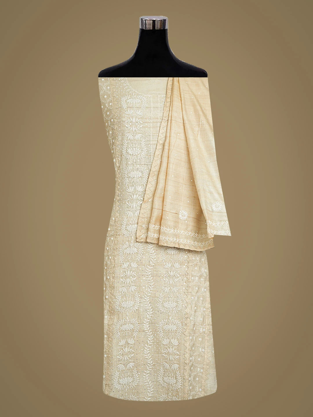 Ada Hand Embroidered Fawn Silk Lucknowi Chikankari Semi-Stitched Kurta Dupatta Set With Cutdana Work 01A565352