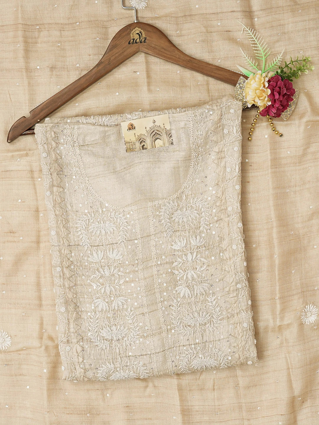 Ada Hand Embroidered Fawn Silk Lucknowi Chikankari Semi-Stitched Kurta Dupatta Set With Cutdana Work 01A565352