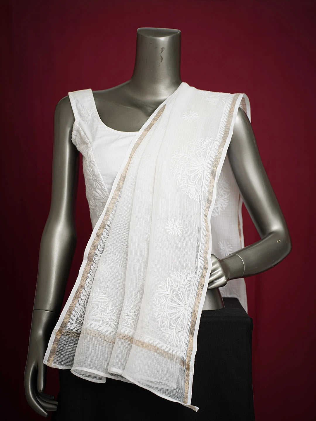 Ada Hand Embroidered White Kota Lucknowi Chikankari Dupatta 01A728822