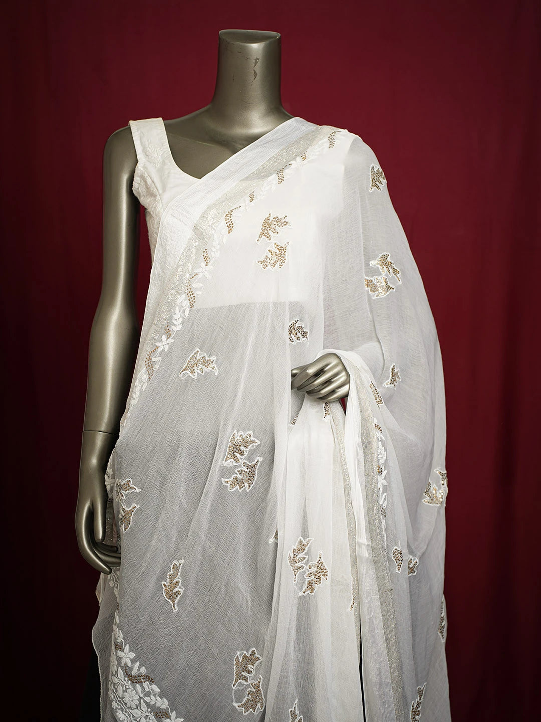 Ada Hand Embroidered White Chiffon Lucknowi Chikankari Dupatta With Mukaish Work 01A600893