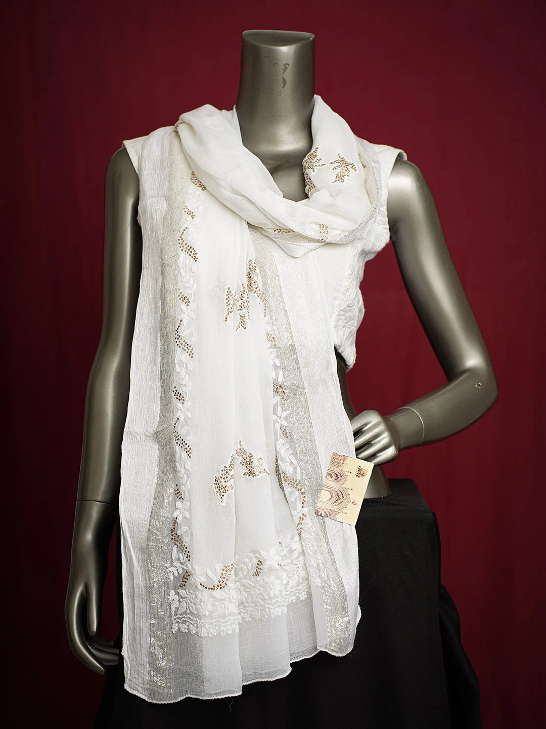Ada Hand Embroidered White Chiffon Lucknowi Chikankari Dupatta With Mukaish Work 01A600893