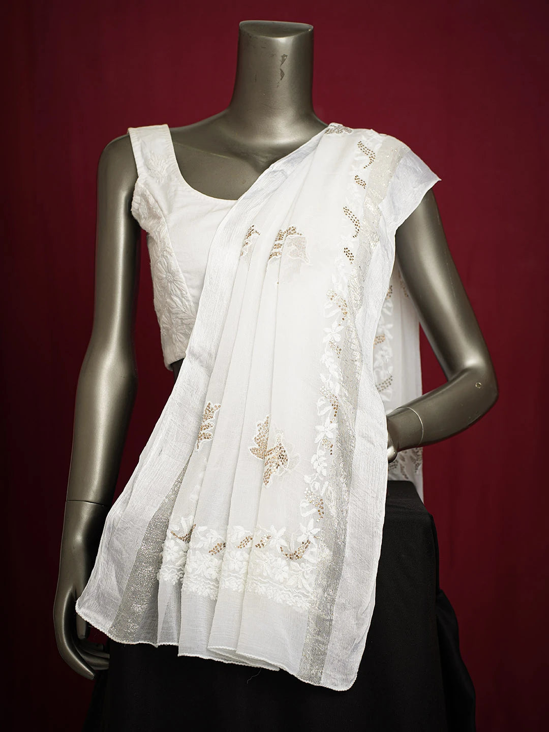 Ada Hand Embroidered White Chiffon Lucknowi Chikankari Dupatta With Mukaish Work 01A600893