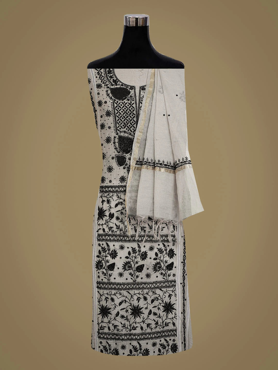 Ada Hand Embroidered Grey Chanderi Lucknowi Chikankari Semi-Stitched Kurta Dupatta Set With Cutdana Work 01A710908
