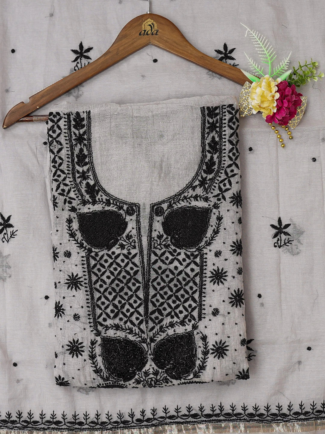 Ada Hand Embroidered Grey Chanderi Lucknowi Chikankari Semi-Stitched Kurta Dupatta Set With Cutdana Work 01A710908