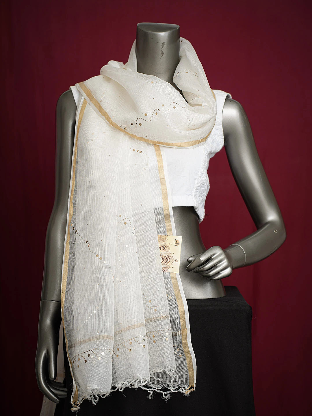 Ada Hand Embroidered White Kota Silk Dupatta With Muqaish Work 01A706668