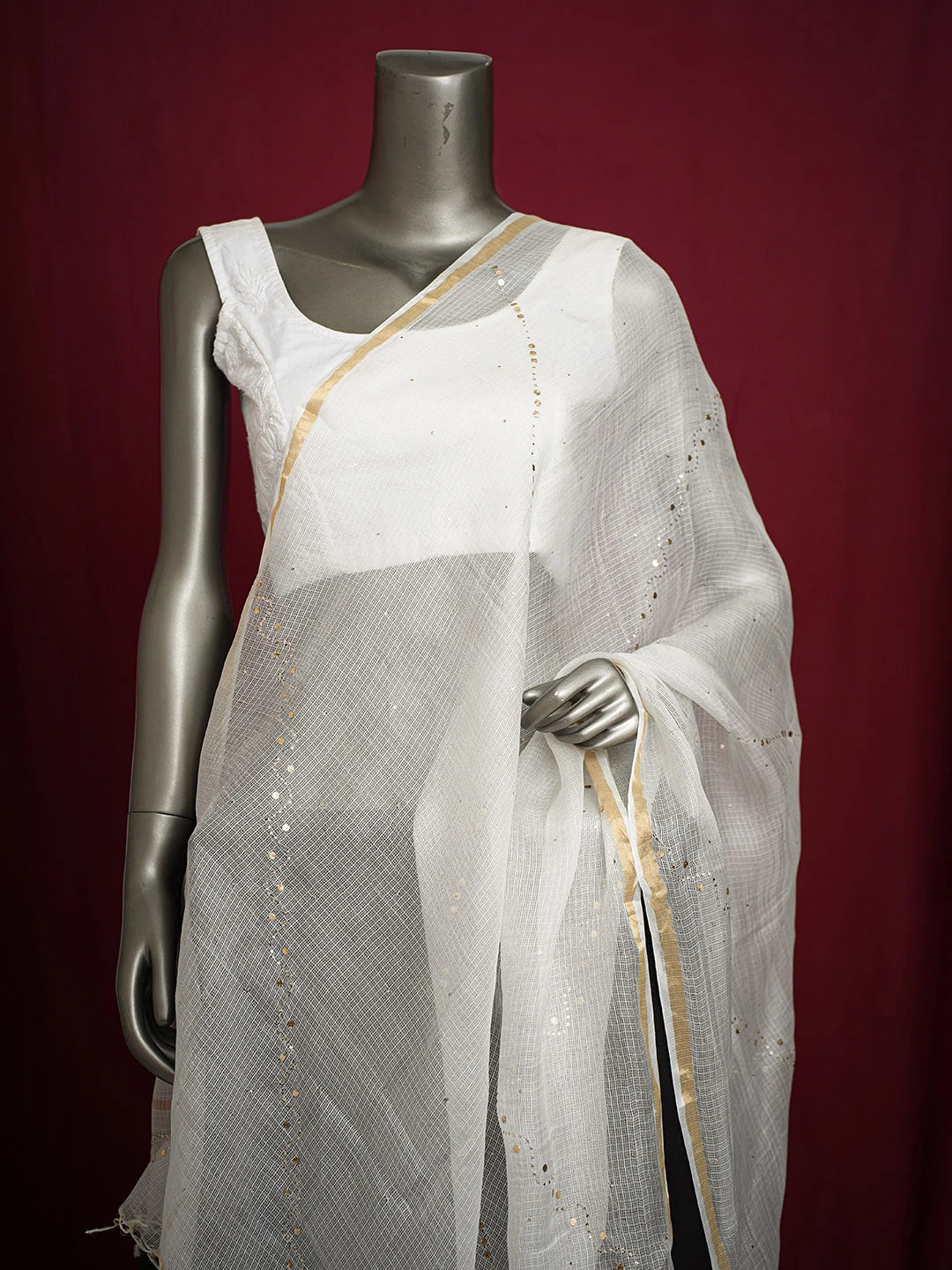 Ada Hand Embroidered White Kota Silk Dupatta With Muqaish Work 01A706668