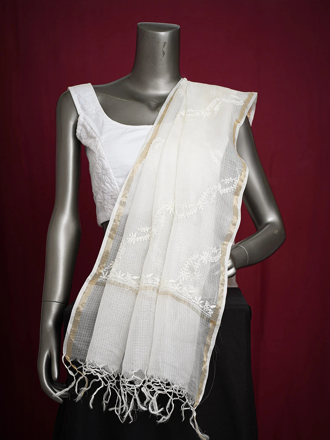 Ada Hand Embroidered White Kota Silk Lucknowi Chikankari Dupatta 01A736718