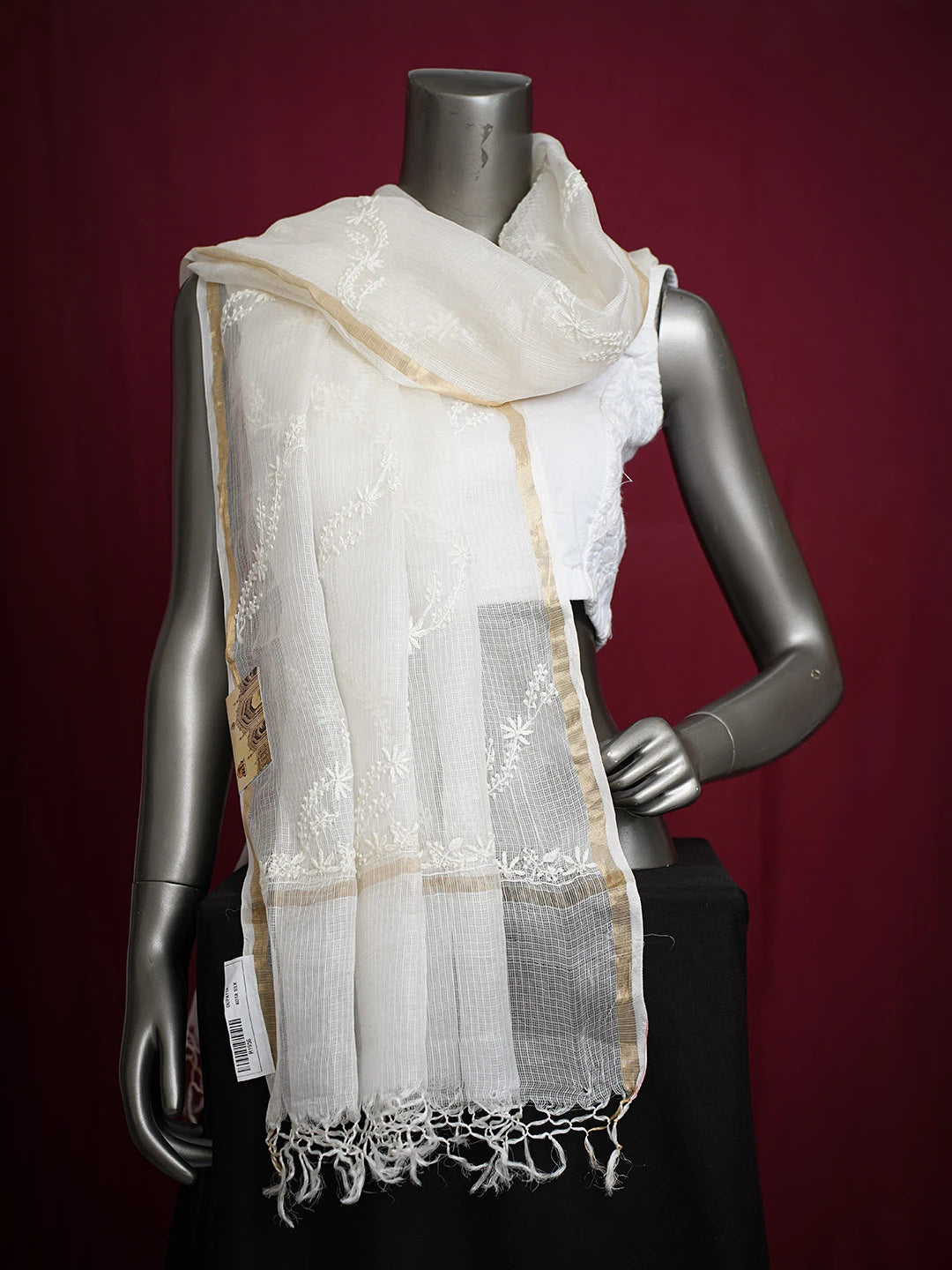 Ada Hand Embroidered White Kota Silk Lucknowi Chikankari Dupatta 01A736718