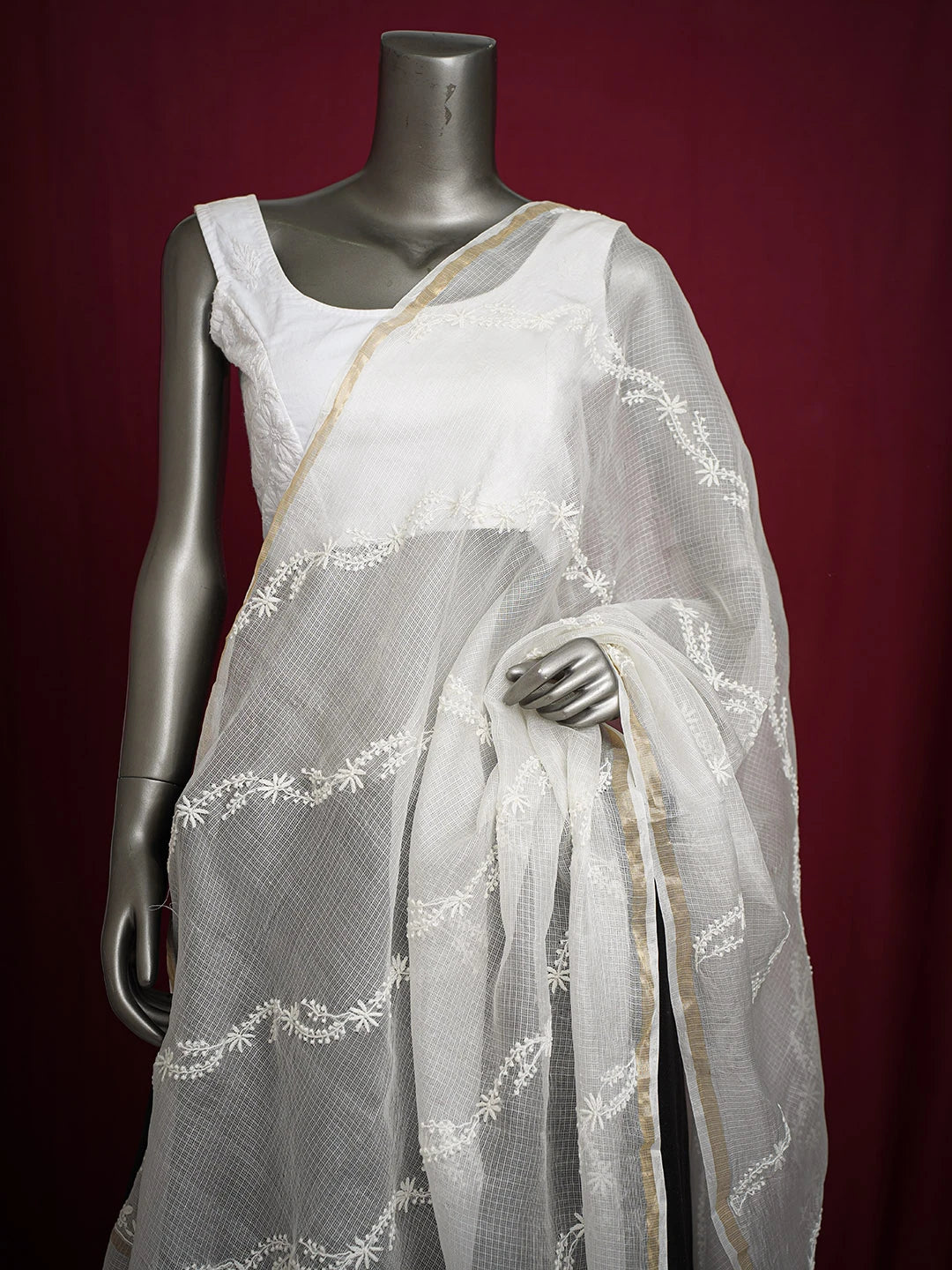 Ada Hand Embroidered White Kota Silk Lucknowi Chikankari Dupatta 01A736718