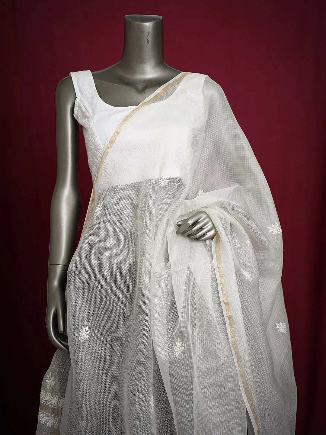 Ada Hand Embroidered White Kota Silk Lucknowi Chikankari Dupatta 01A736751