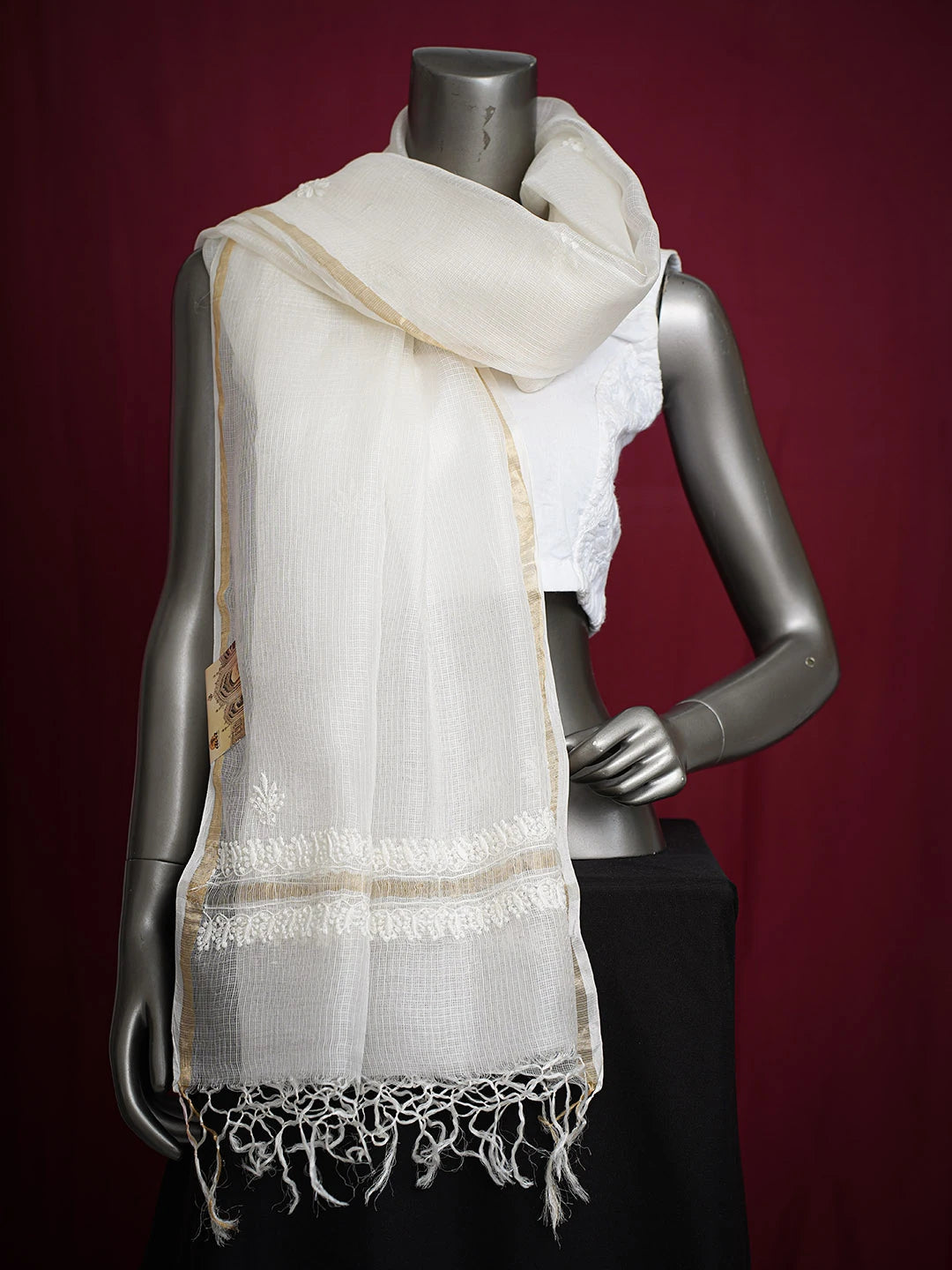 Ada Hand Embroidered White Kota Silk Lucknowi Chikankari Dupatta 01A736751