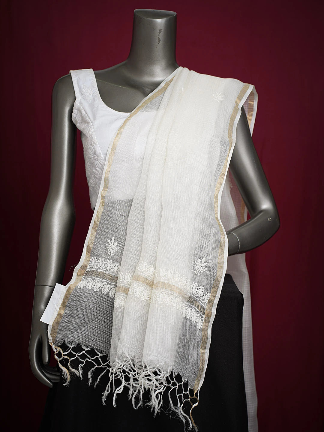 Ada Hand Embroidered White Kota Silk Lucknowi Chikankari Dupatta 01A736751