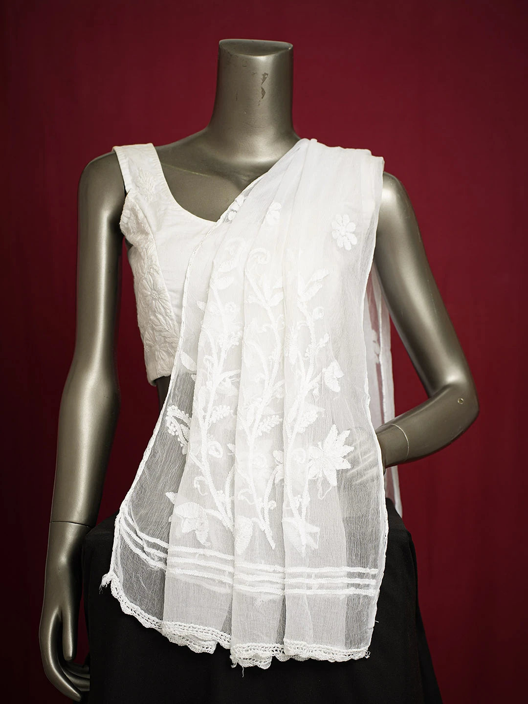 Ada Hand Embroidered Smoke White Chiffon Lucknowi Chikankari Dupatta 01A700600