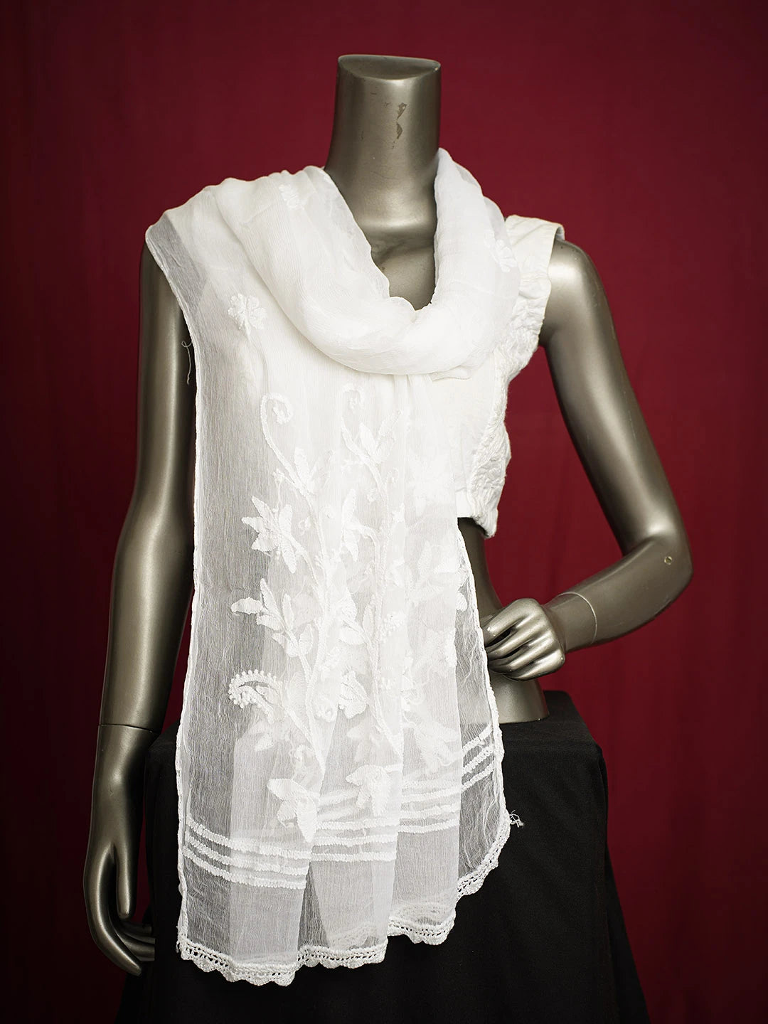 Ada Hand Embroidered Smoke White Chiffon Lucknowi Chikankari Dupatta 01A700600