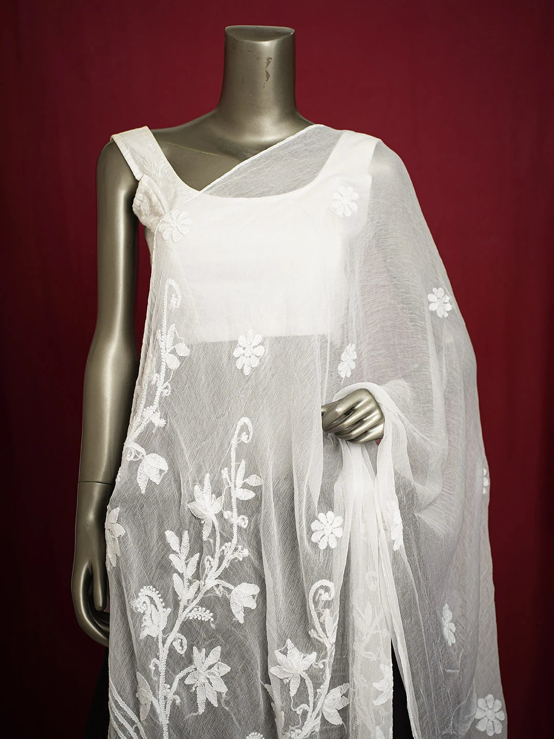 Ada Hand Embroidered Smoke White Chiffon Lucknowi Chikankari Dupatta 01A700600
