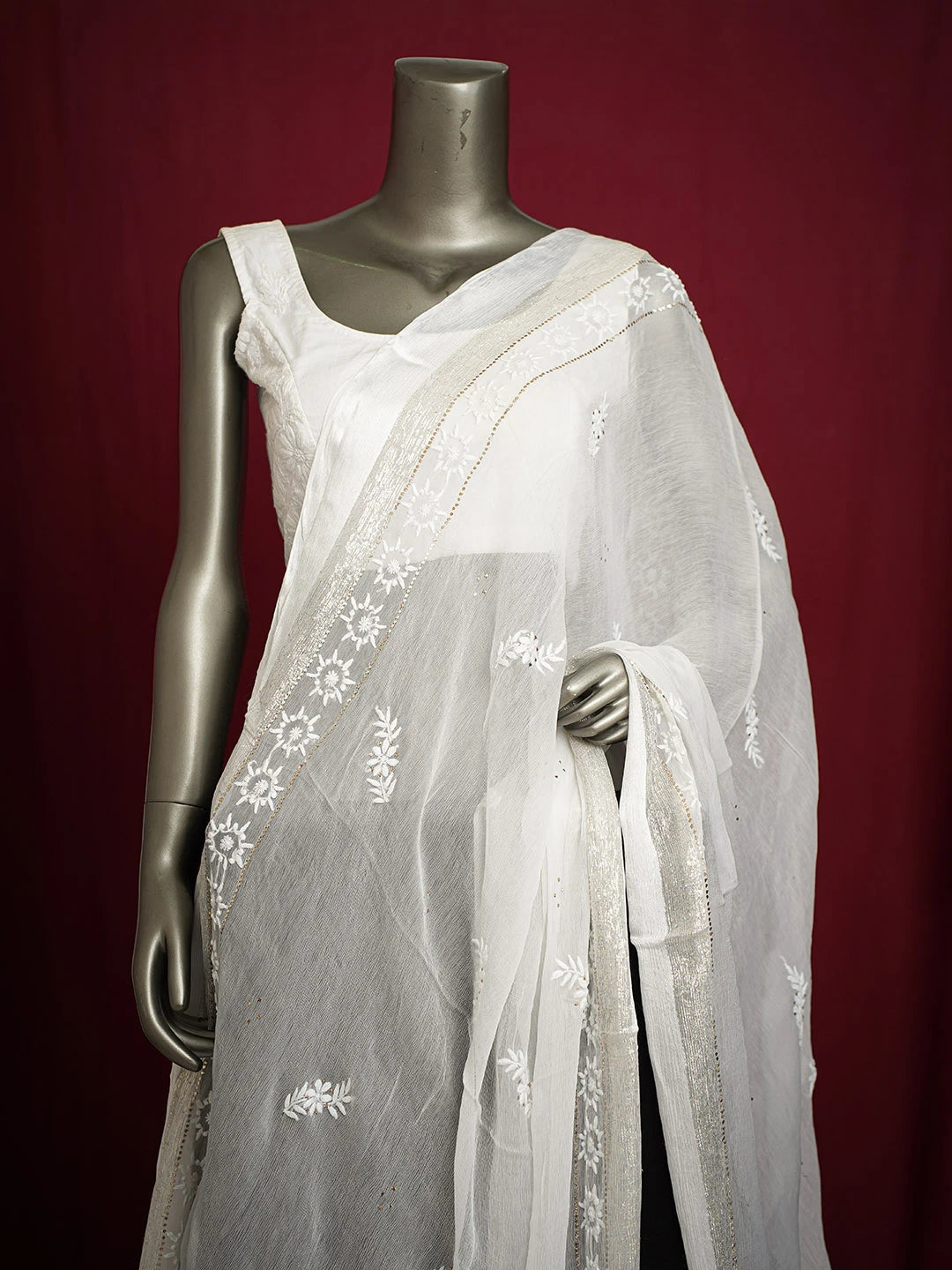 Ada Hand Embroidered White Chiffon Lucknowi Chikankari Dupatta With Muqaish Work 01A721846