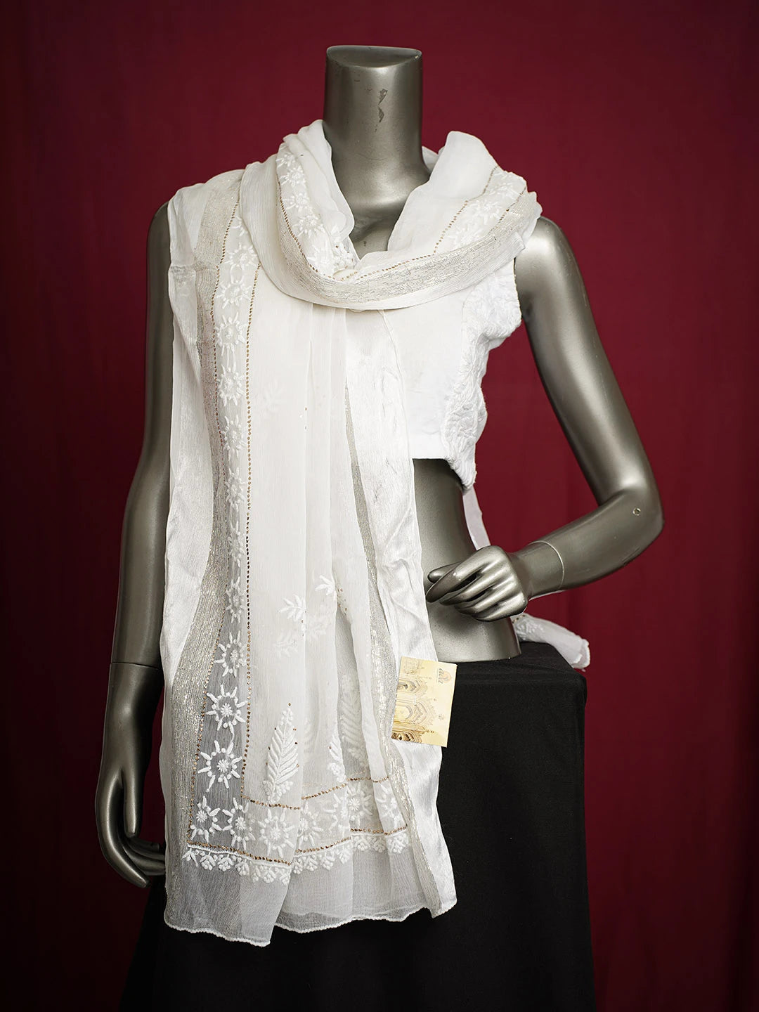 Ada Hand Embroidered White Chiffon Lucknowi Chikankari Dupatta With Muqaish Work 01A721846