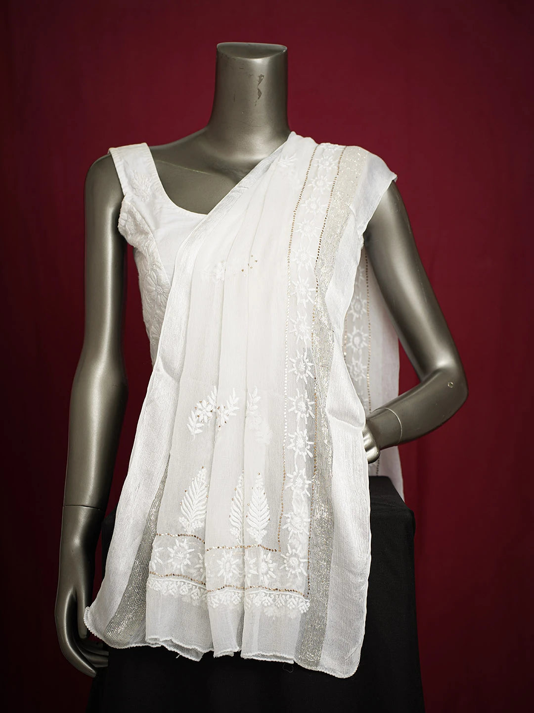Ada Hand Embroidered White Chiffon Lucknowi Chikankari Dupatta With Muqaish Work 01A721846