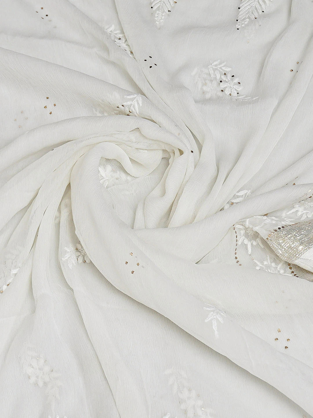 Ada Hand Embroidered White Chiffon Lucknowi Chikankari Dupatta With Muqaish Work 01A721846
