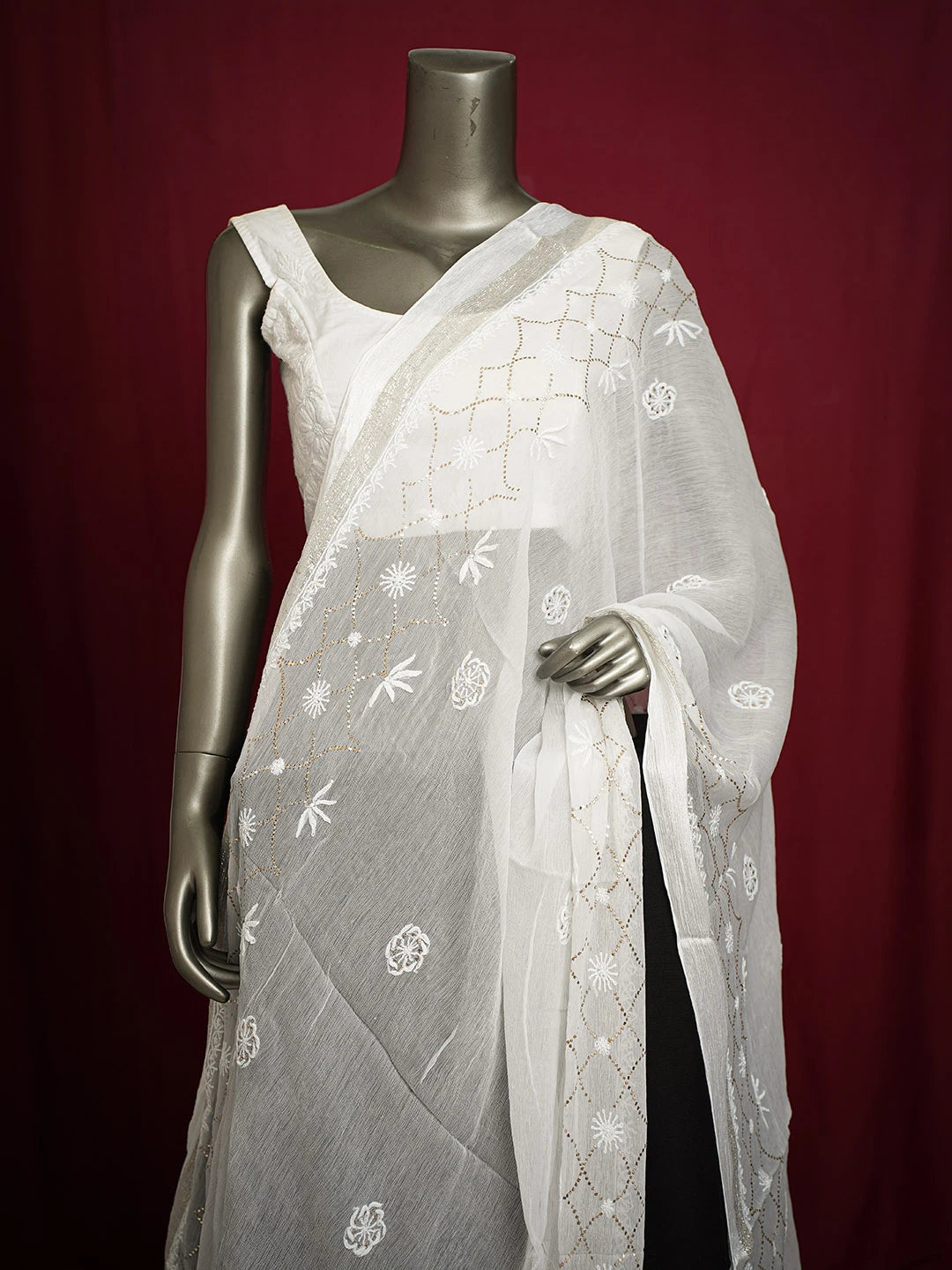 Ada Hand Embroidered White Chiffon Lucknowi Chikankari Dupatta With Muqaish Work 01A721841
