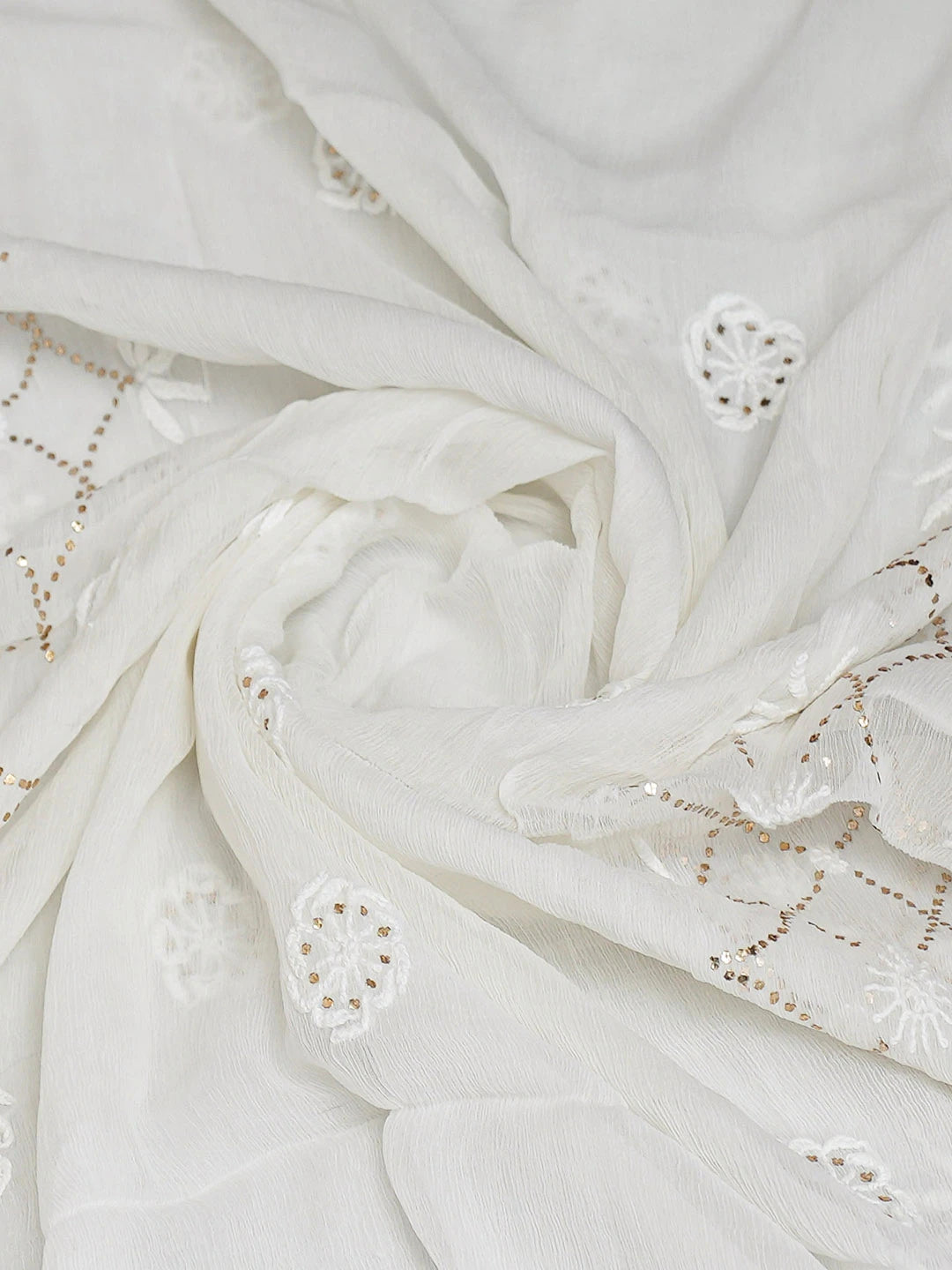 Ada Hand Embroidered White Chiffon Lucknowi Chikankari Dupatta With Muqaish Work 01A721841