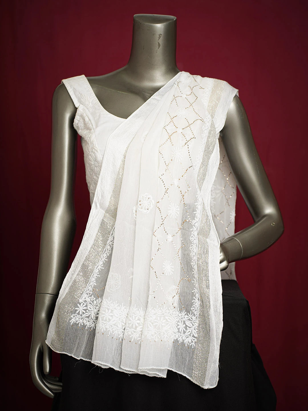 Ada Hand Embroidered White Chiffon Lucknowi Chikankari Dupatta With Muqaish Work 01A721841