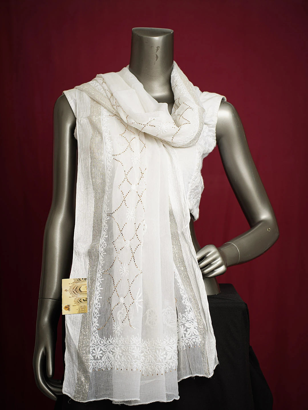 Ada Hand Embroidered White Chiffon Lucknowi Chikankari Dupatta With Muqaish Work 01A721841