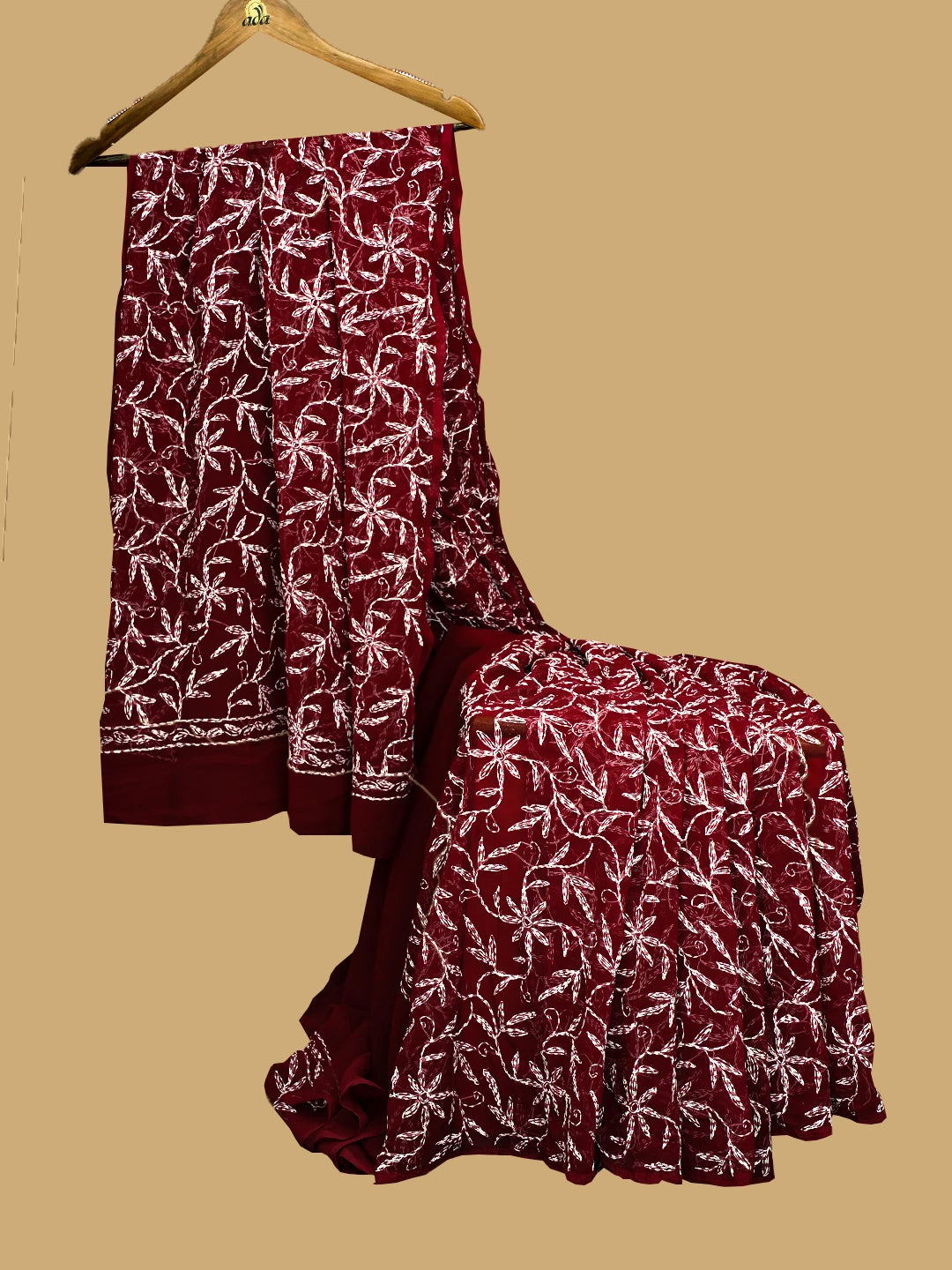 Ada Hand Embroidered Maroon Georgette Lucknowi Chikankari Saree and Blouse 01A657780