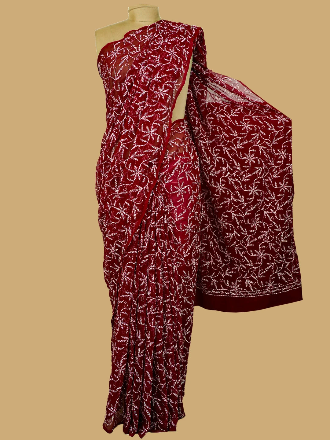 Ada Hand Embroidered Maroon Georgette Lucknowi Chikankari Saree and Blouse 01A657780