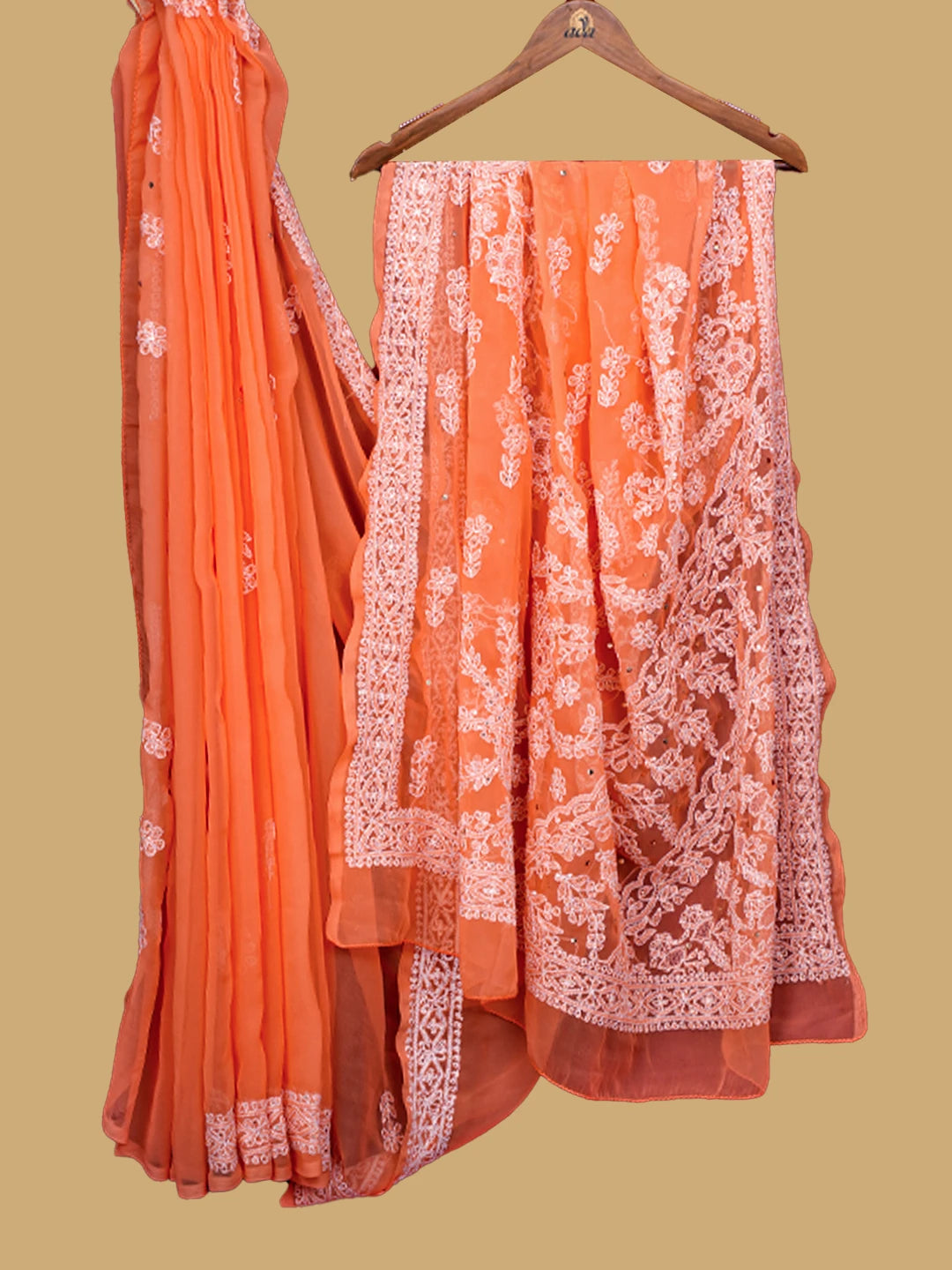 Ada Hand Embroidered Orange Georgette Lucknowi Chikankari Saree and Blouse With Muqaish Work 01A559023