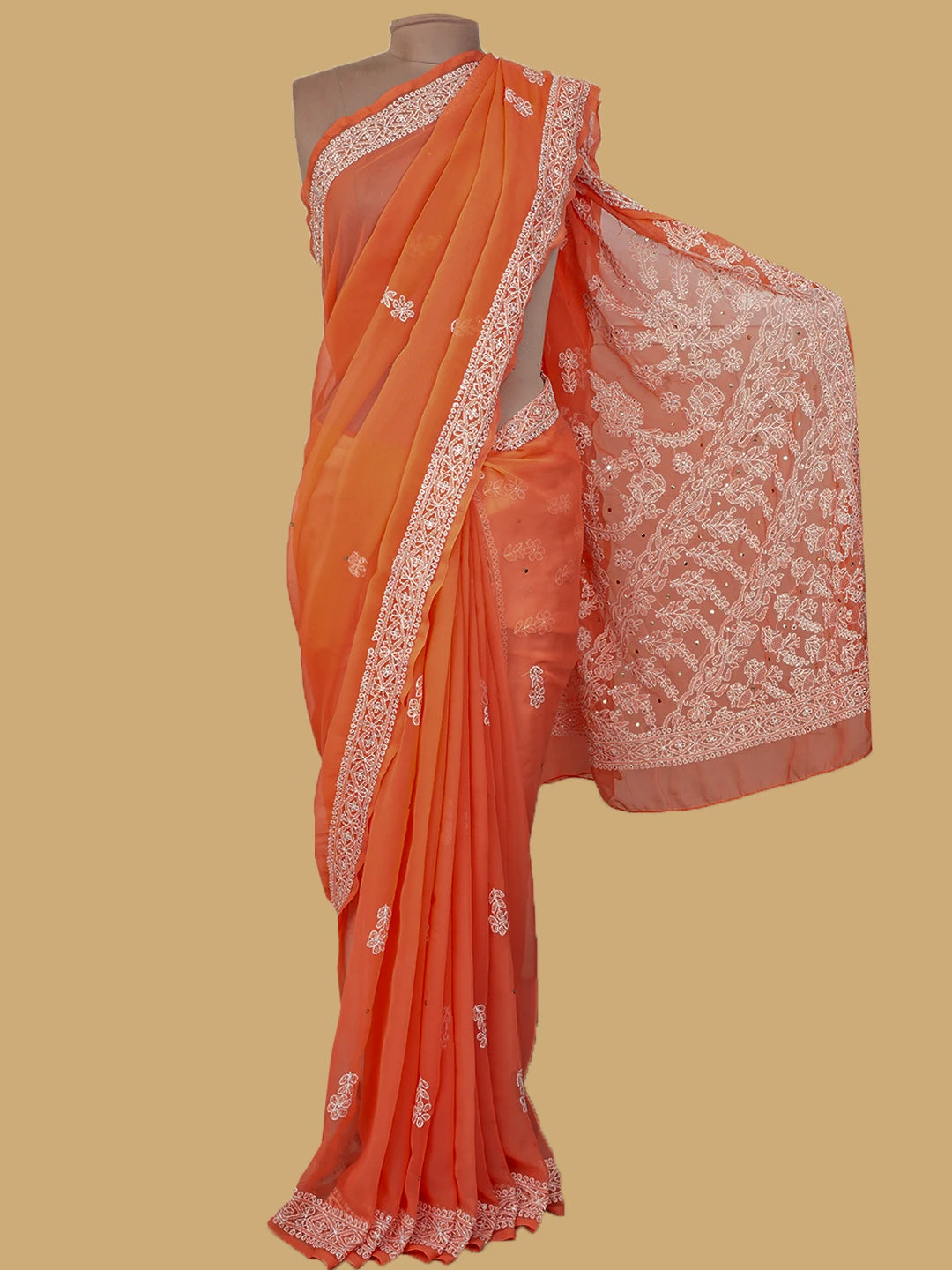 Ada Hand Embroidered Orange Georgette Lucknowi Chikankari Saree and Blouse With Muqaish Work 01A559023