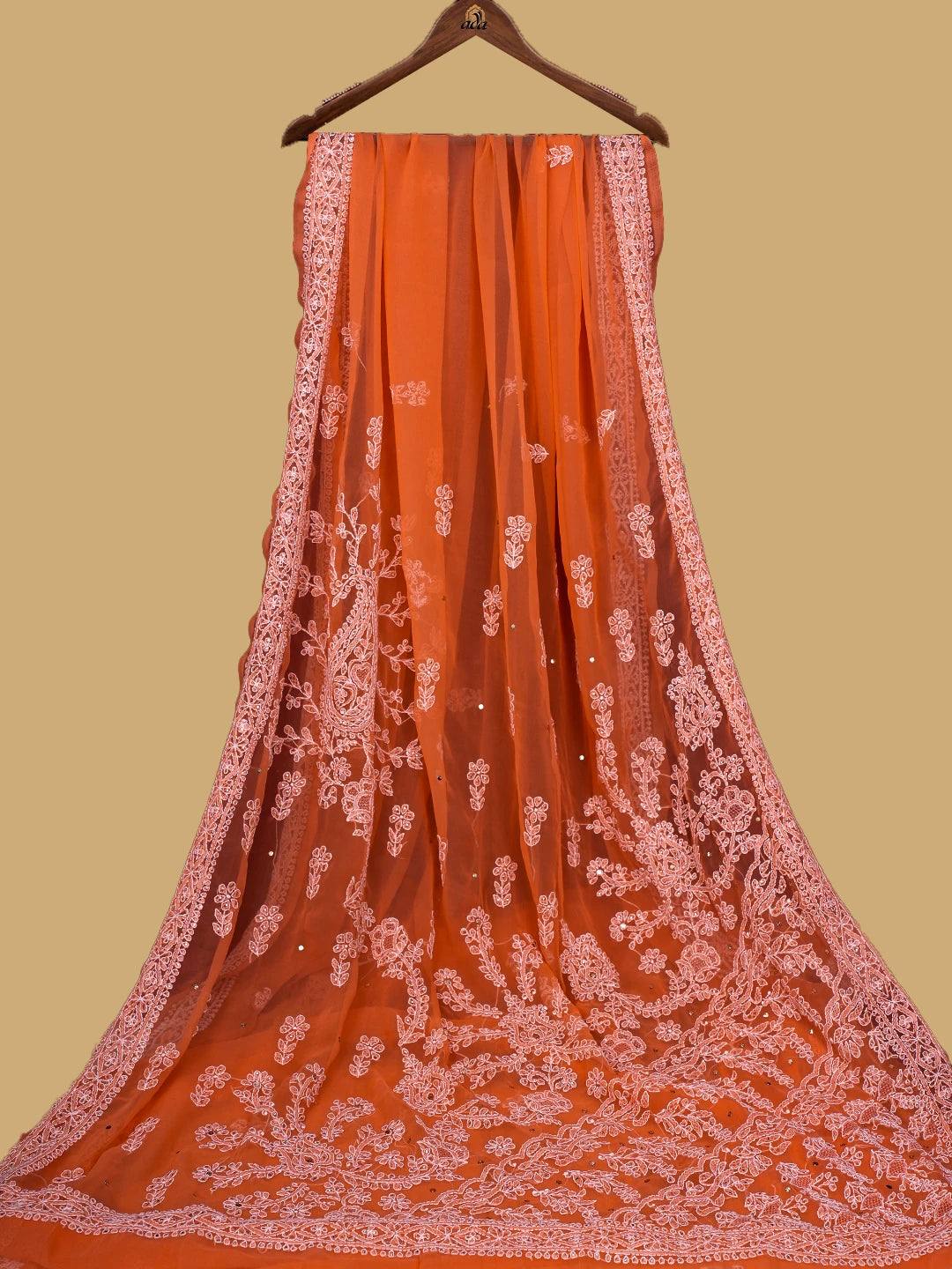 Ada Hand Embroidered Orange Georgette Lucknowi Chikankari Saree and Blouse With Muqaish Work 01A559023