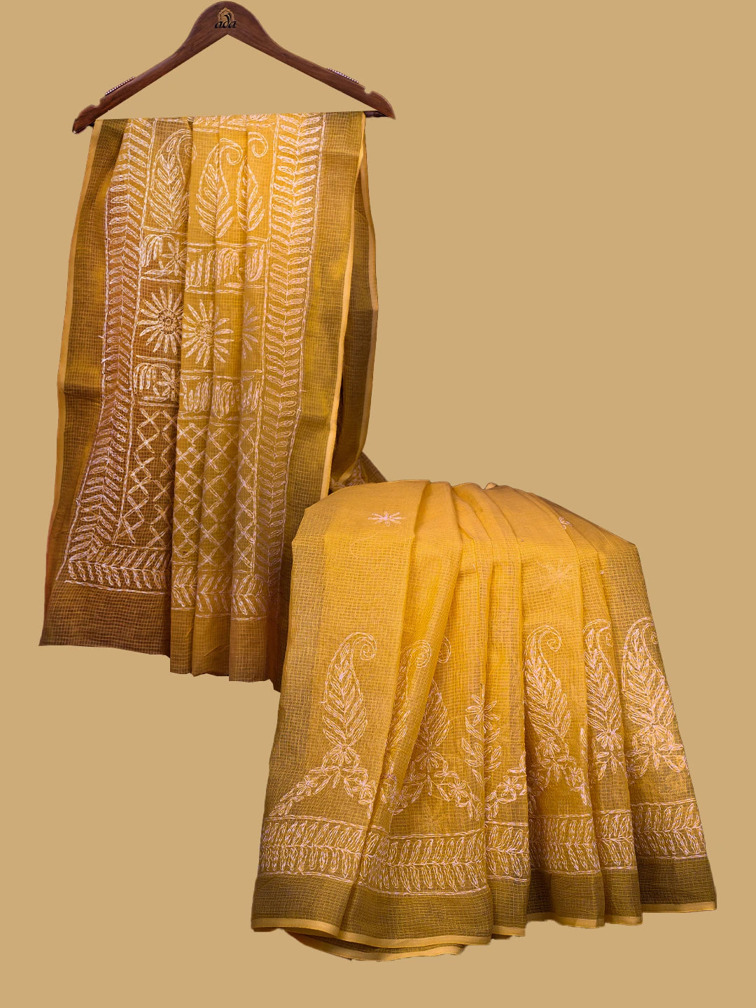 Ada Hand Embroidered Yellow Kota Lucknowi Chikankari Saree and Blouse 01A711076