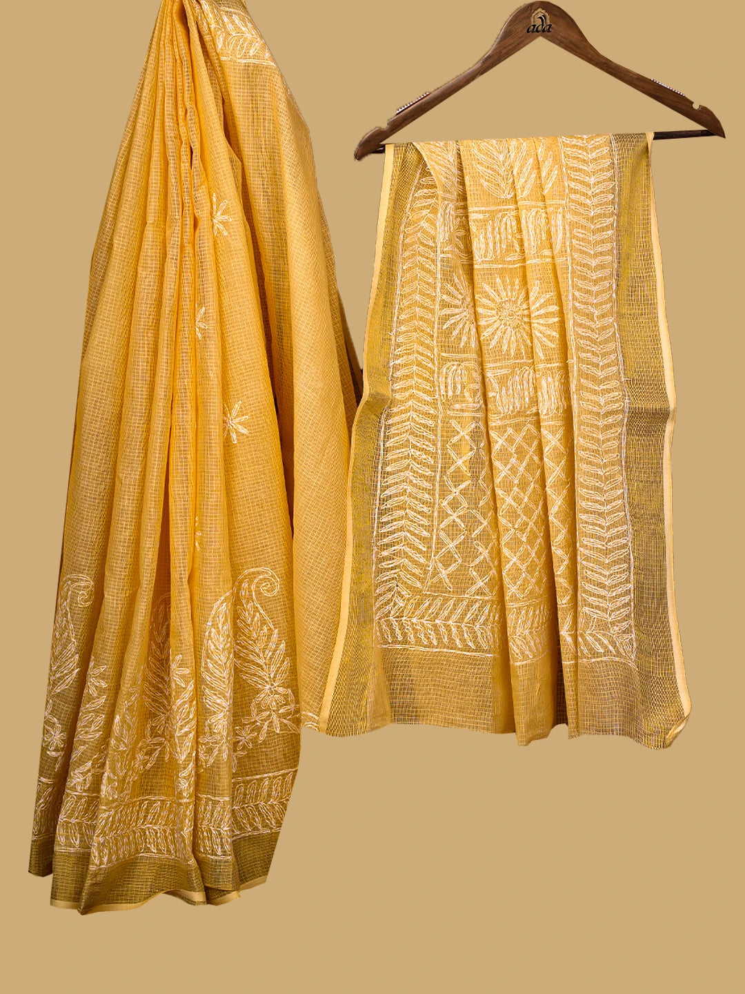 Ada Hand Embroidered Yellow Kota Lucknowi Chikankari Saree and Blouse 01A711076
