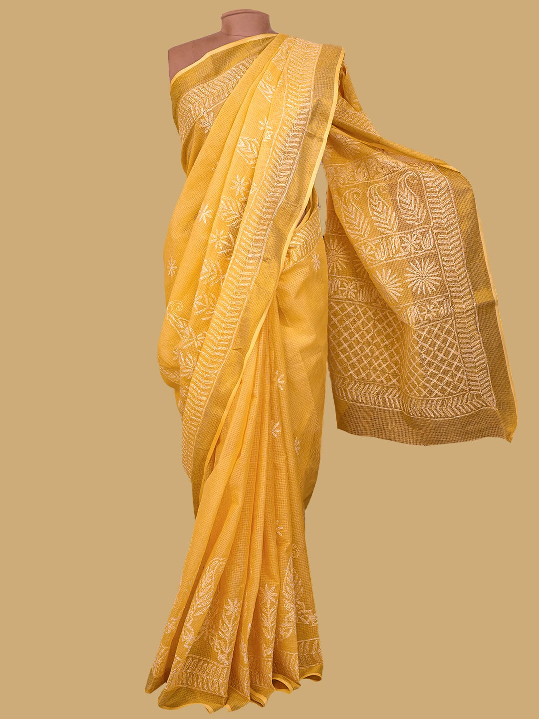 Ada Hand Embroidered Yellow Kota Lucknowi Chikankari Saree and Blouse 01A711076