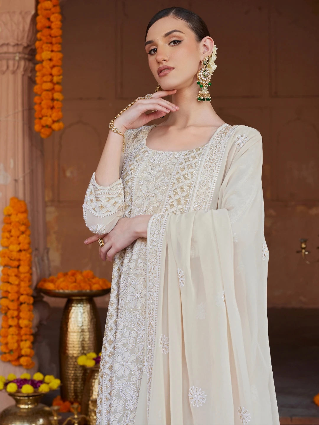 Ada Hand Embroidered Fawn Pure Georgette Lucknowi Chikankari Semi-Stitched Anarkali Kurta Dupatta Set With Sequnis Work 01A552849
