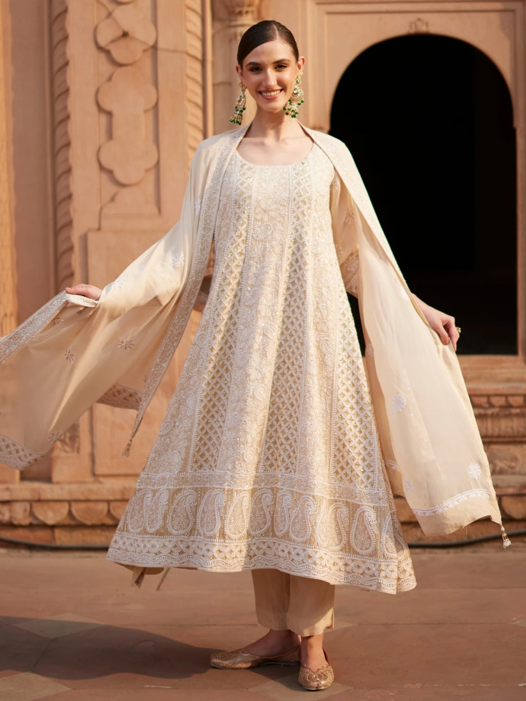 Ada Hand Embroidered Fawn Pure Georgette Lucknowi Chikankari Semi-Stitched Anarkali Kurta Dupatta Set With Sequnis Work 01A552849