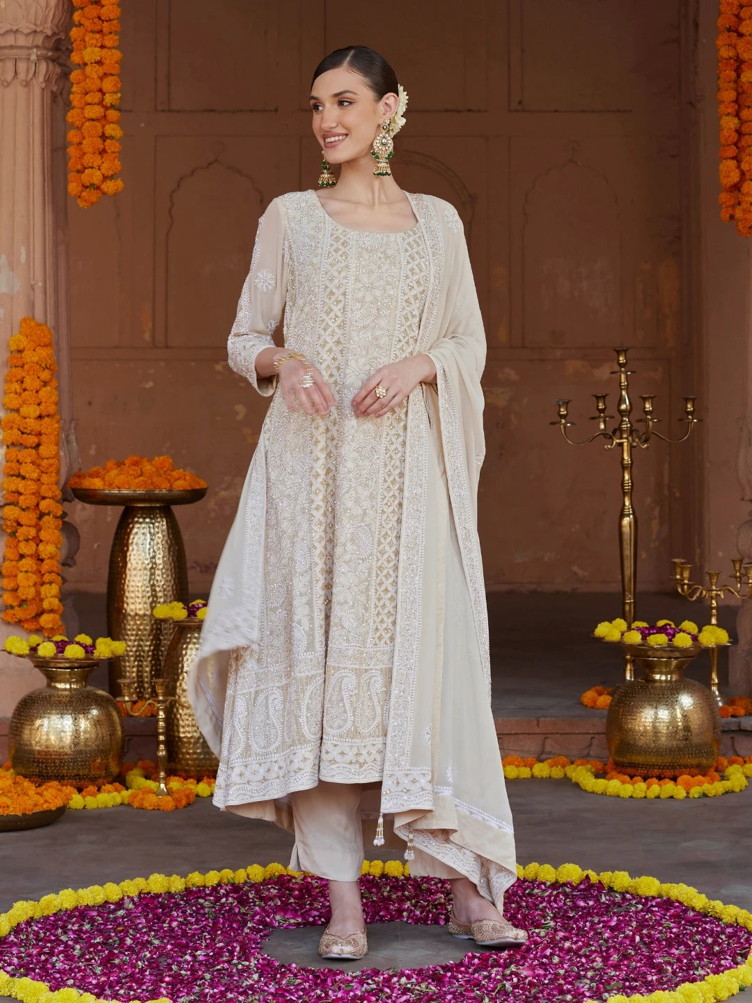 Ada Hand Embroidered Fawn Pure Georgette Lucknowi Chikankari Semi-Stitched Anarkali Kurta Dupatta Set With Sequnis Work 01A552849