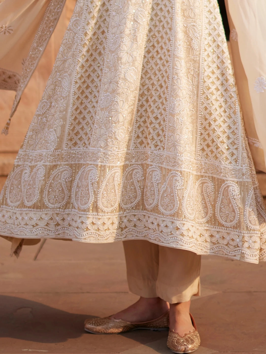 Ada Hand Embroidered Fawn Pure Georgette Lucknowi Chikankari Semi-Stitched Anarkali Kurta Dupatta Set With Sequnis Work 01A552849