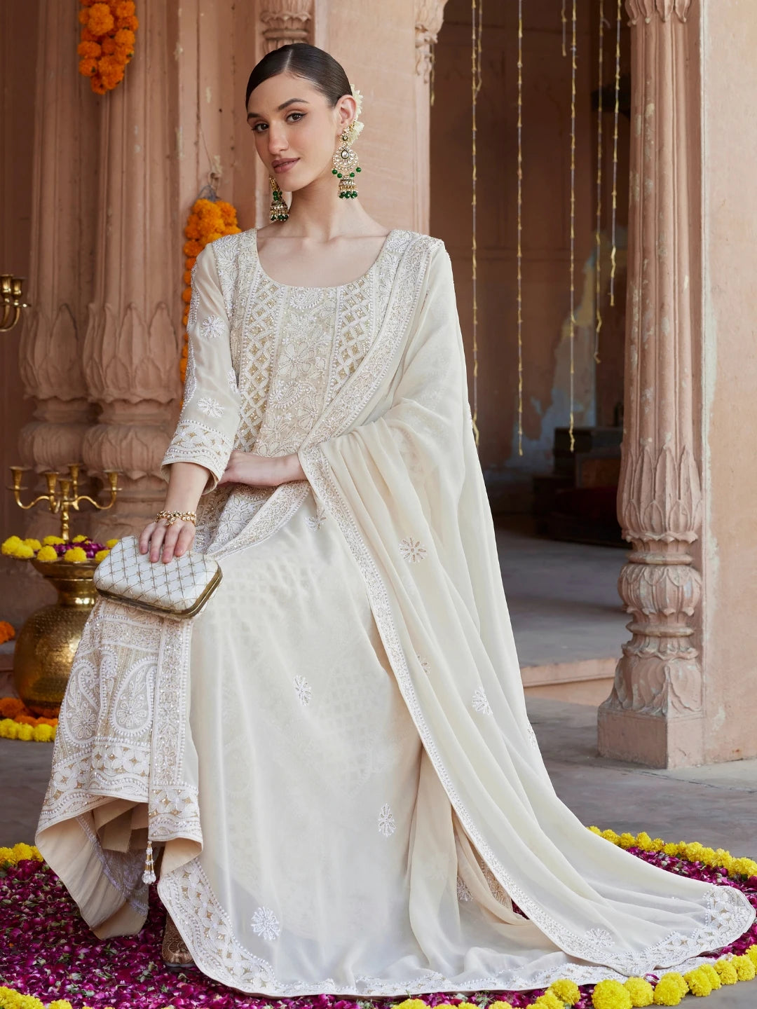 Ada Hand Embroidered Fawn Pure Georgette Lucknowi Chikankari Semi-Stitched Anarkali Kurta Dupatta Set With Sequnis Work 01A552849