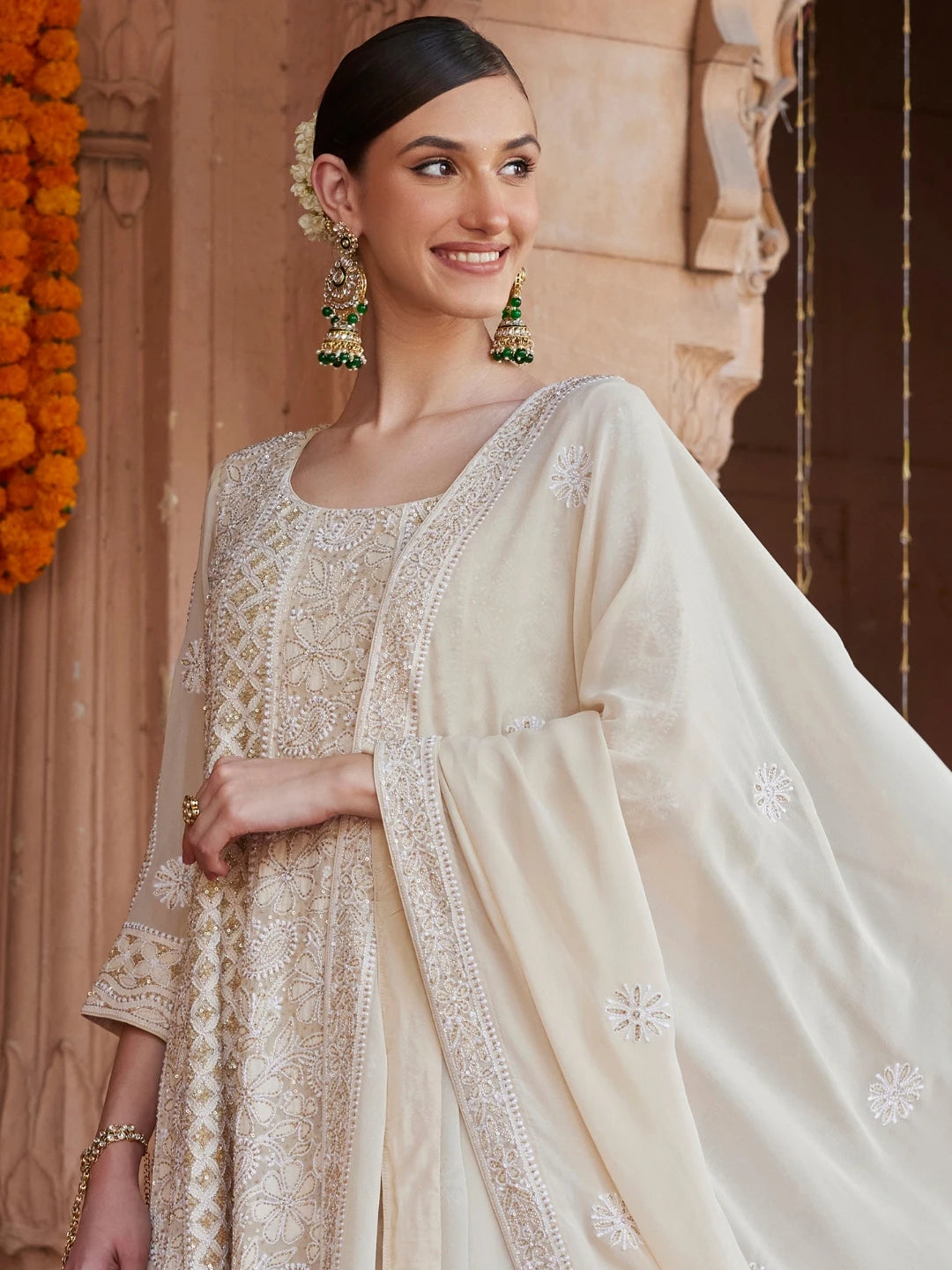 Ada Hand Embroidered Fawn Pure Georgette Lucknowi Chikankari Semi-Stitched Anarkali Kurta Dupatta Set With Sequnis Work 01A552849